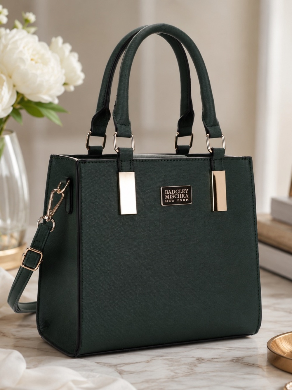 NEW Badgley Mischka New York Louise Saffiano Lady Black Satchel Crossbody Bag
